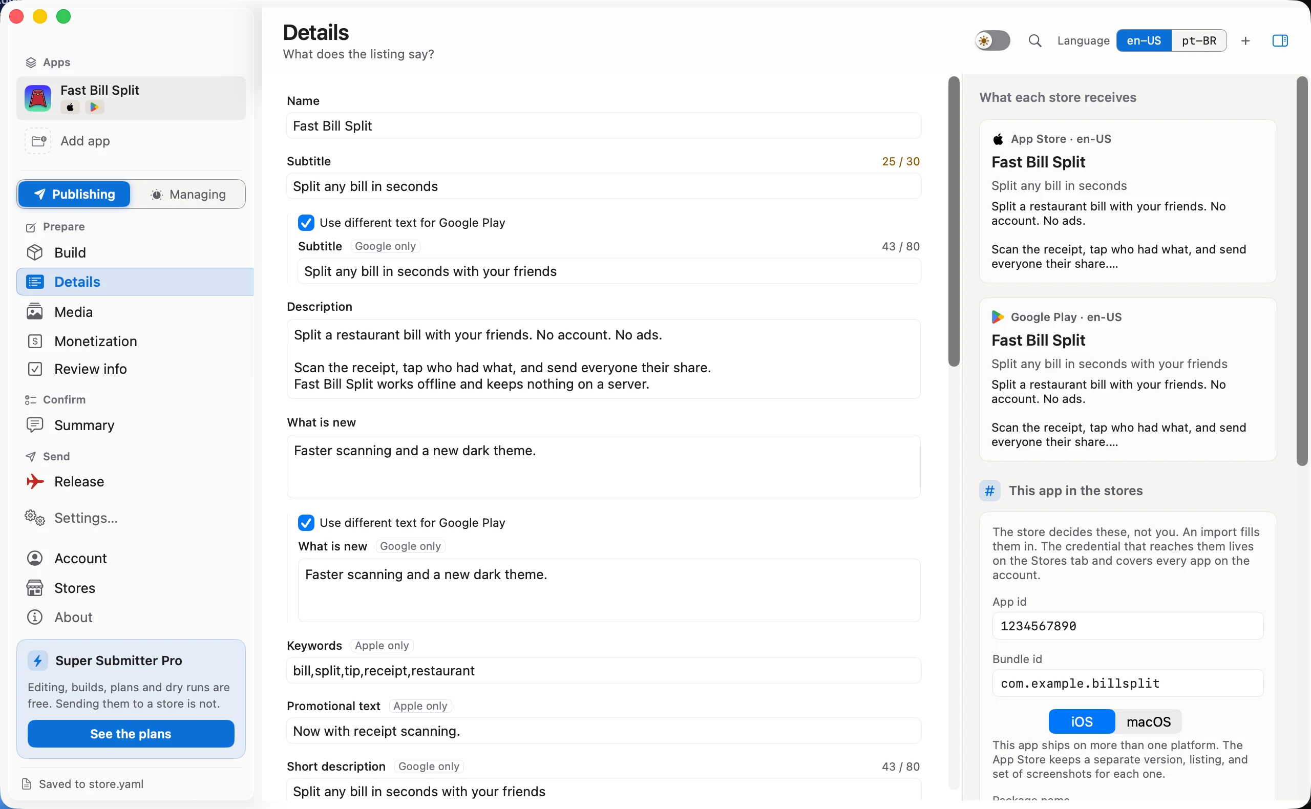 The Details tab. The subtitle field counts 25 of 30 characters, a separate Google Play subtitle counts 43 of 80 under it, and a panel on the right shows what the App Store and Google Play each receive.