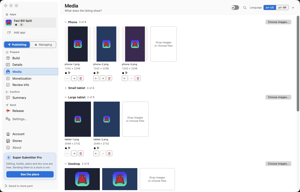 The Media tab. Phone, large tablet, and desktop rows hold screenshots, and every image is marked with the App Store and Google Play icons and its pixel size.