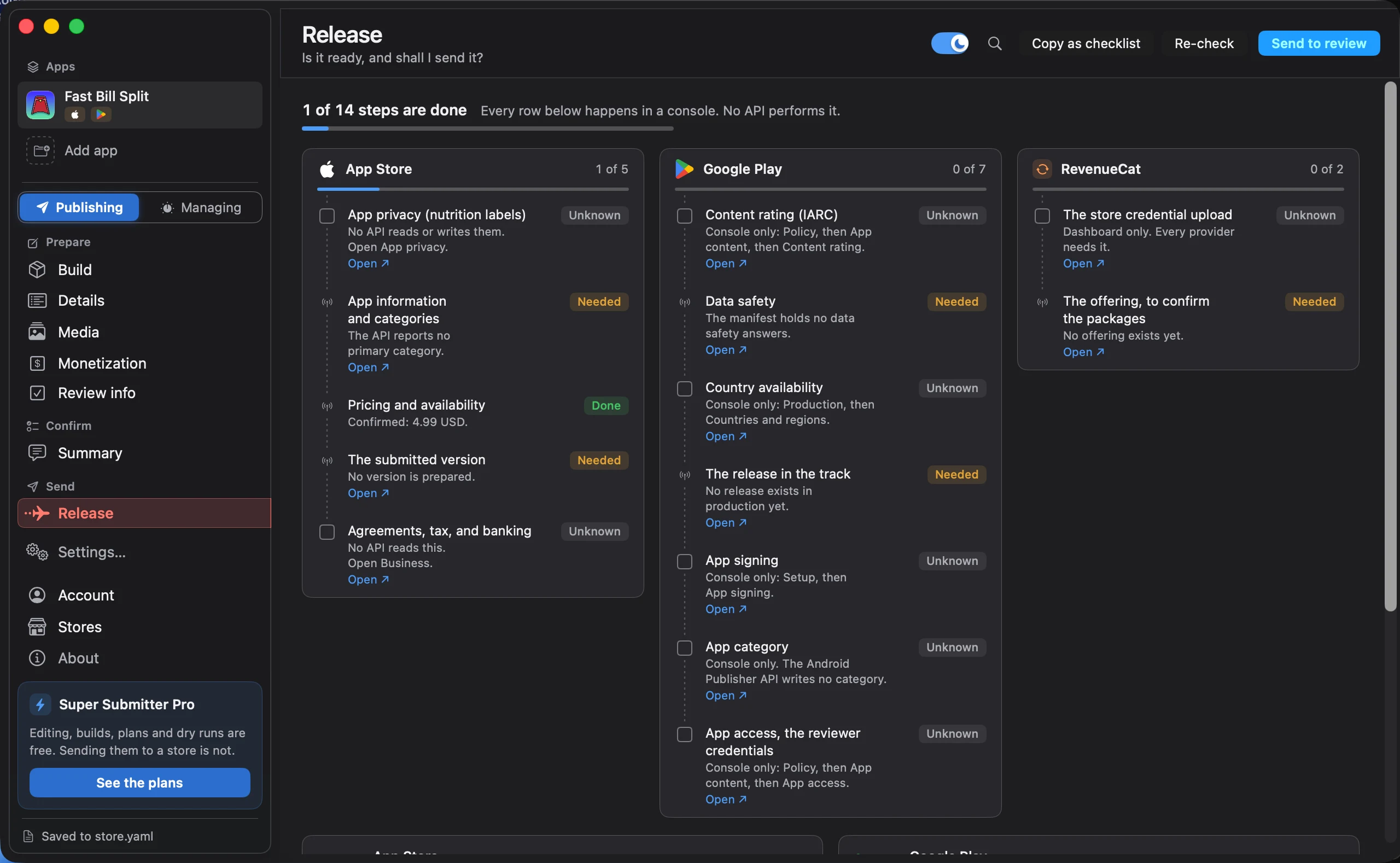 The Release tab. The App Store and Google Play each hold their own column of steps, every step carries a state of done, needed, or unknown, and a row at the bottom reports no draft yet for either store.